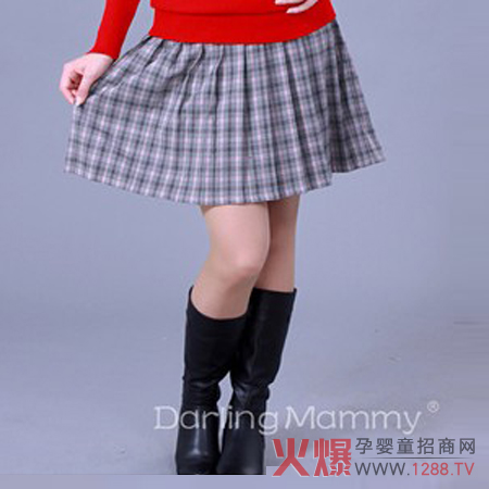 媽咪可人英倫風小方格孕婦百褶裙