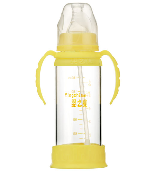 嬰之美標(biāo)口雙耳自動高硼硅玻璃奶瓶180ML黃色