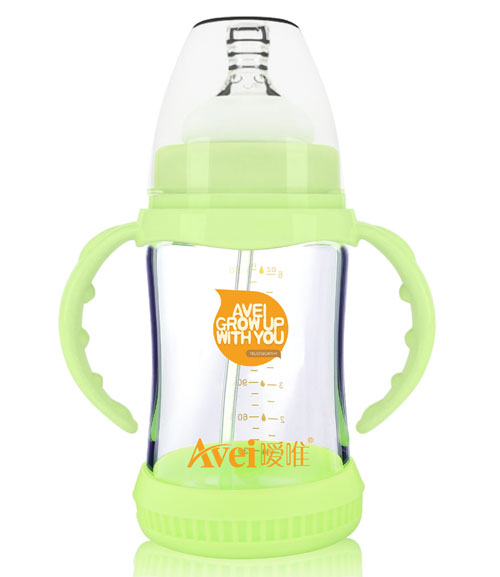 噯唯寬口徑帶柄自動高硼硅玻璃奶瓶(180ml)(帶安全硅膠套)1