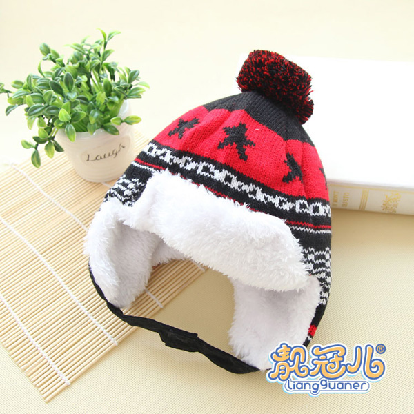 靚冠兒嬰幼兒加絨保暖護耳帽子黑紅色