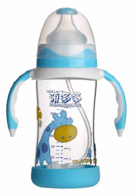 萌多多寬口直身晶鉆玻璃240ml雙色蘭白底防護自動奶瓶