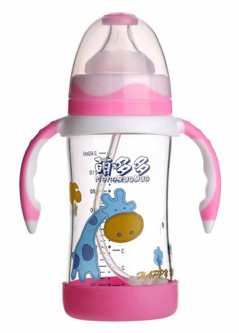 萌多多寬口直身晶鉆玻璃240ml雙色紅白底防護(hù)自動(dòng)奶瓶