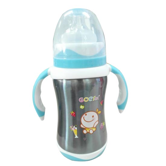 果兒260ML寬口徑恒兩用溫保鮮不銹鋼藍色奶瓶