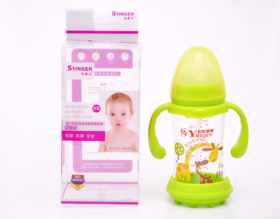 尚yinge寬口抗摔自動有柄玻璃奶瓶210ML綠色