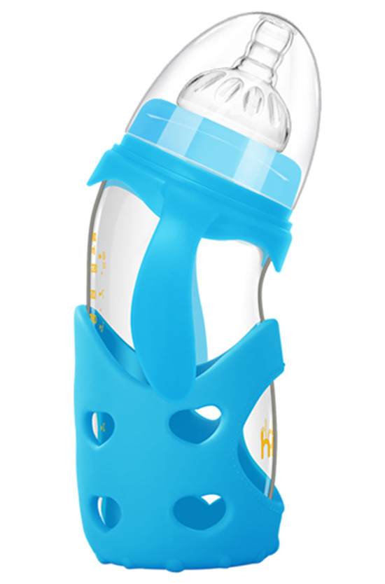 浩一貝貝新生兒彎頭寬口防脹氣奶瓶藍(lán)色雙柄240ml