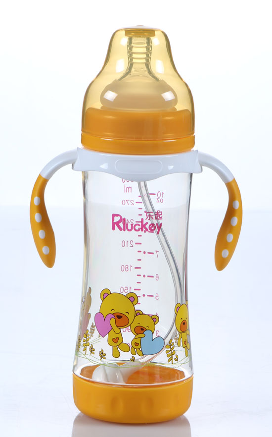 樂(lè)起帶柄寬口徑300ML防滑奶瓶