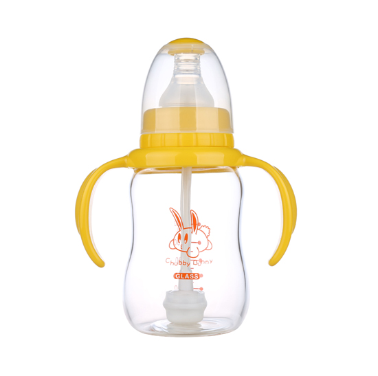 丘比兔標(biāo)準(zhǔn)口徑玻璃葫蘆型自動(dòng)把手奶瓶120ML黃色