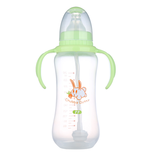 丘比兔PP標準口徑葫蘆型自動把手奶瓶240ML綠色