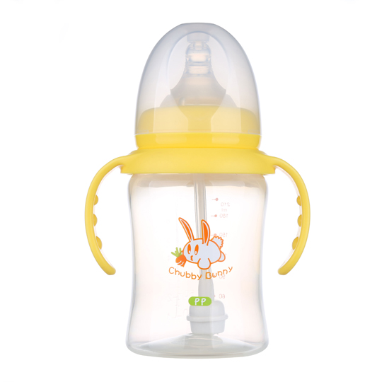 丘比兔PP寬口徑葫蘆型自動(dòng)把奶瓶210ML黃色