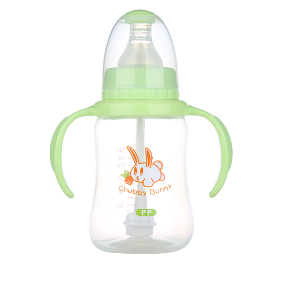 丘比兔PP標(biāo)準口徑葫蘆型自動把手奶瓶140ML綠色