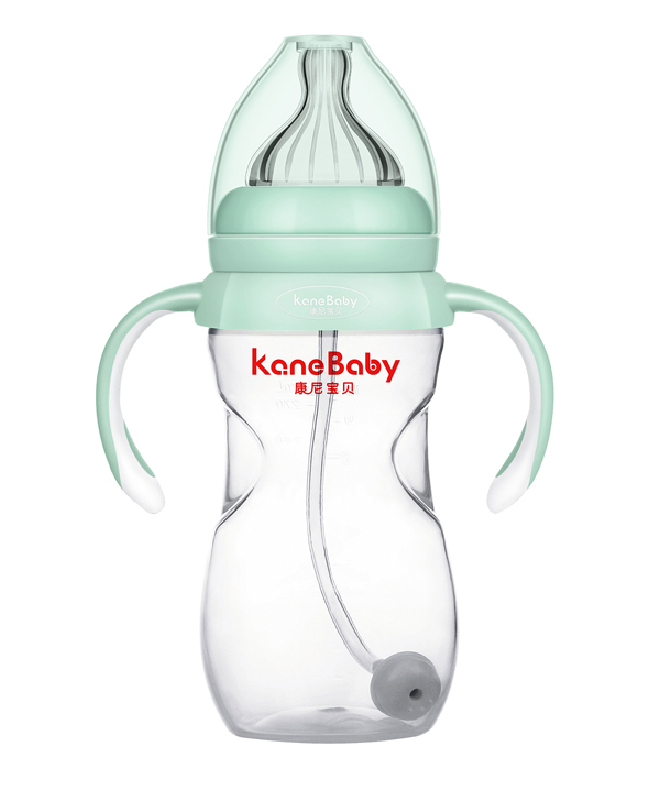 康尼寶貝寬口收腰形雙色手柄帶吸管PP奶瓶300ml