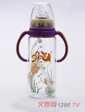 施貝樂紫色標(biāo)口弧形帶柄玻璃奶瓶180ml