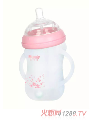 媽咪雅有柄自動廣口硅膠玻璃彎頭奶瓶